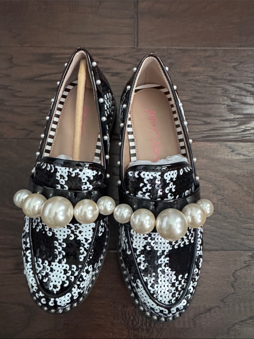 Betsey Johnson Loafers Black & White Women's 5 - Sequin Pearl-Accent Loafers - Picture 4 of 7